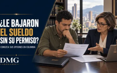 Trabajador revisa un desprendible de nómina con una abogada ante una reducción de salario.