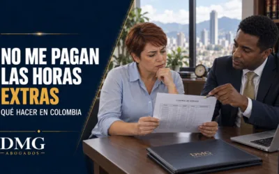 Trabajadora y abogado revisan un registro de horarios junto al texto «No me pagan las horas extras» y el logo de DMG Abogados.